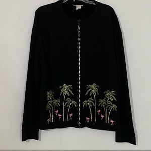 Tia Designs Black jacket w/ Rhinestone Palm Tree studded zipper 2 pocket Size 1X